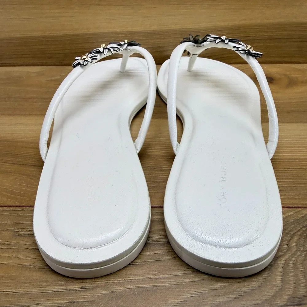 Tory Burch Flower Applique Flip Flops Womens 7 Cream White Leather Thong Preppy